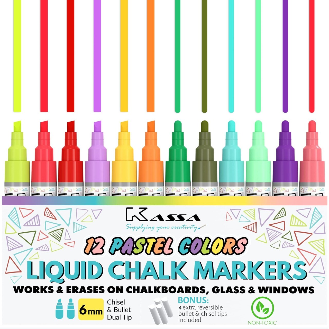 Kassa Pastel Chalk Markers for Blackboard - Windows & Glass - 10-Pack 6mm Fine & Chisel Dual Tips Pastel Set - Washable & Erasable Dust-Free - Dry Erase Markers for Home, School & Office